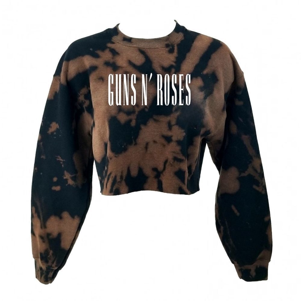 GUNS N' ROSES Acid Wash Distressed Rock Crop Top Long Sleeve Crewneck Sweatshirt